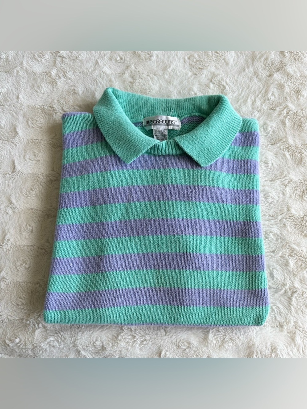 Vintage Striped Sweater Womens Large Green Purple Collared Short Sleeve 90s Vtg